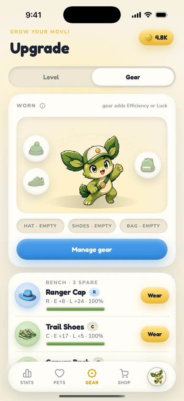 The gear screen: paper-doll slots for hat, shoes and backpack, with durability and repair