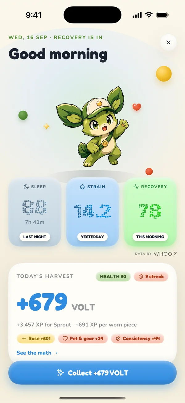 The morning result screen: Sleep and Recovery revealed as scores, then the VOLT breakdown