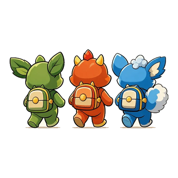 Sprout, Ember and Nimbus walking away with their backpacks on